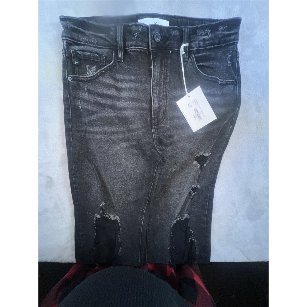 KanCan Jeans Womens 30x29 Black High Rise Slim Straight Distressed Stretch NEW